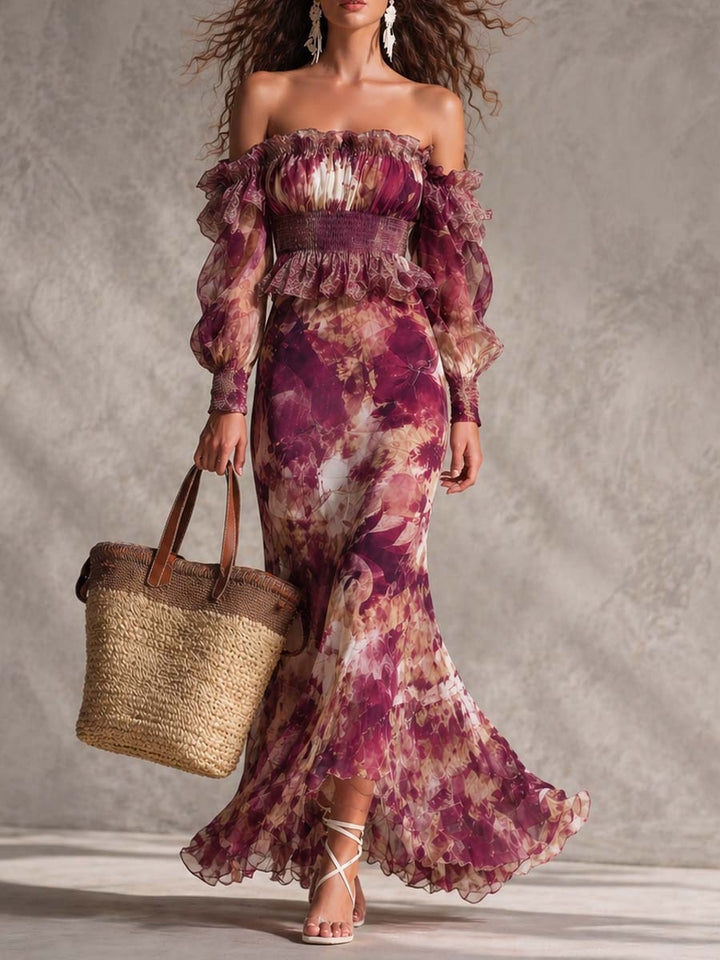 Rose Pink Floral Off-Shoulder Chiffon Maxi Dress