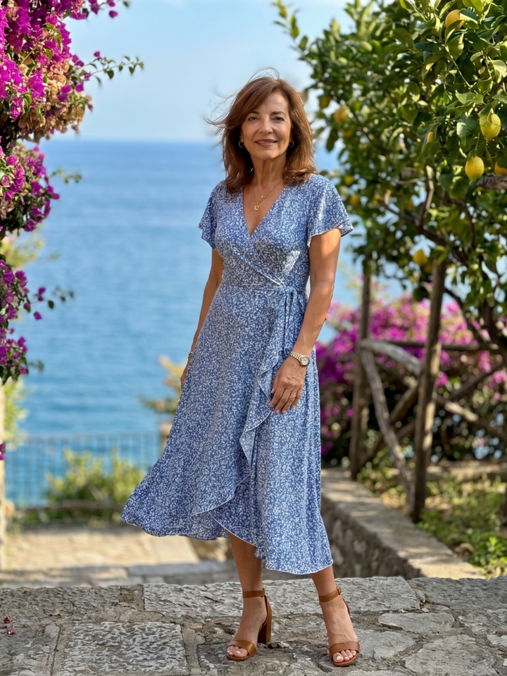 Samore | Floral Wrap Ruffle Midi Dress