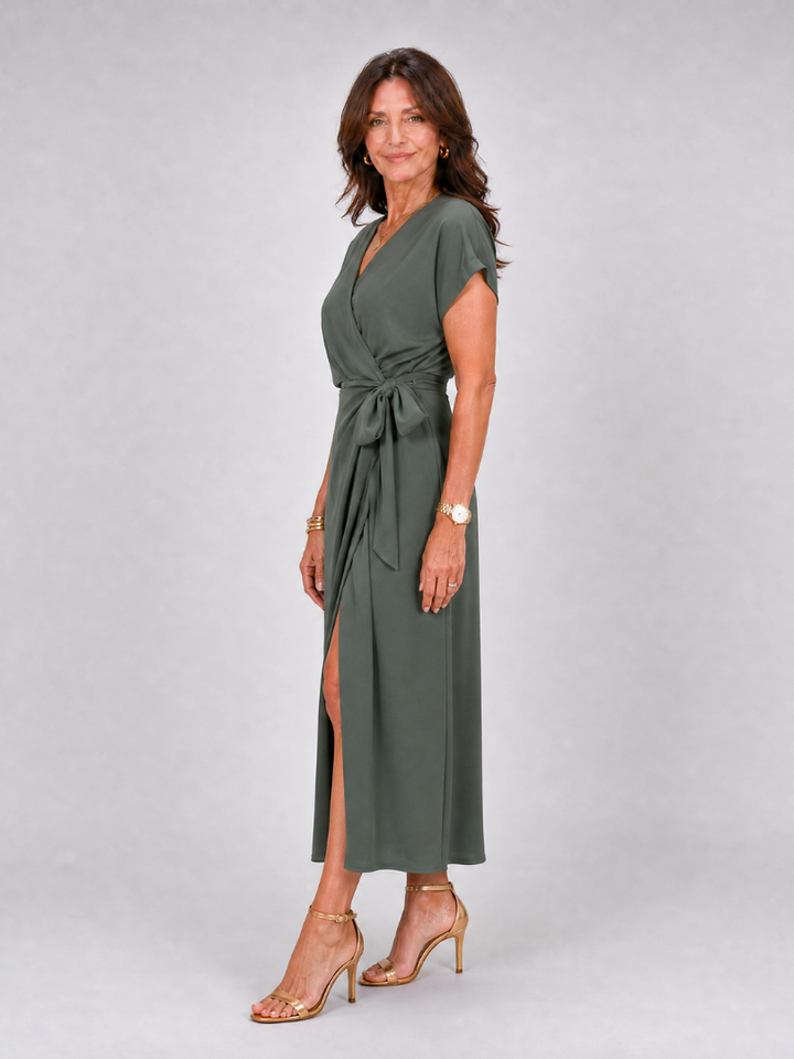 Oklea | Short Sleeve Wrap Tie Midi Dress