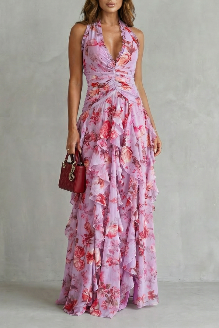 Belladina | Rose Cascade Long Dress with American Neckline