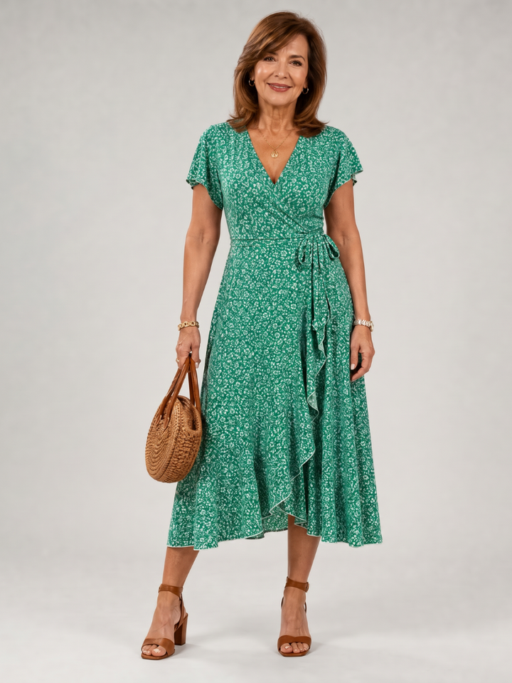 Samore | Floral Wrap Ruffle Midi Dress