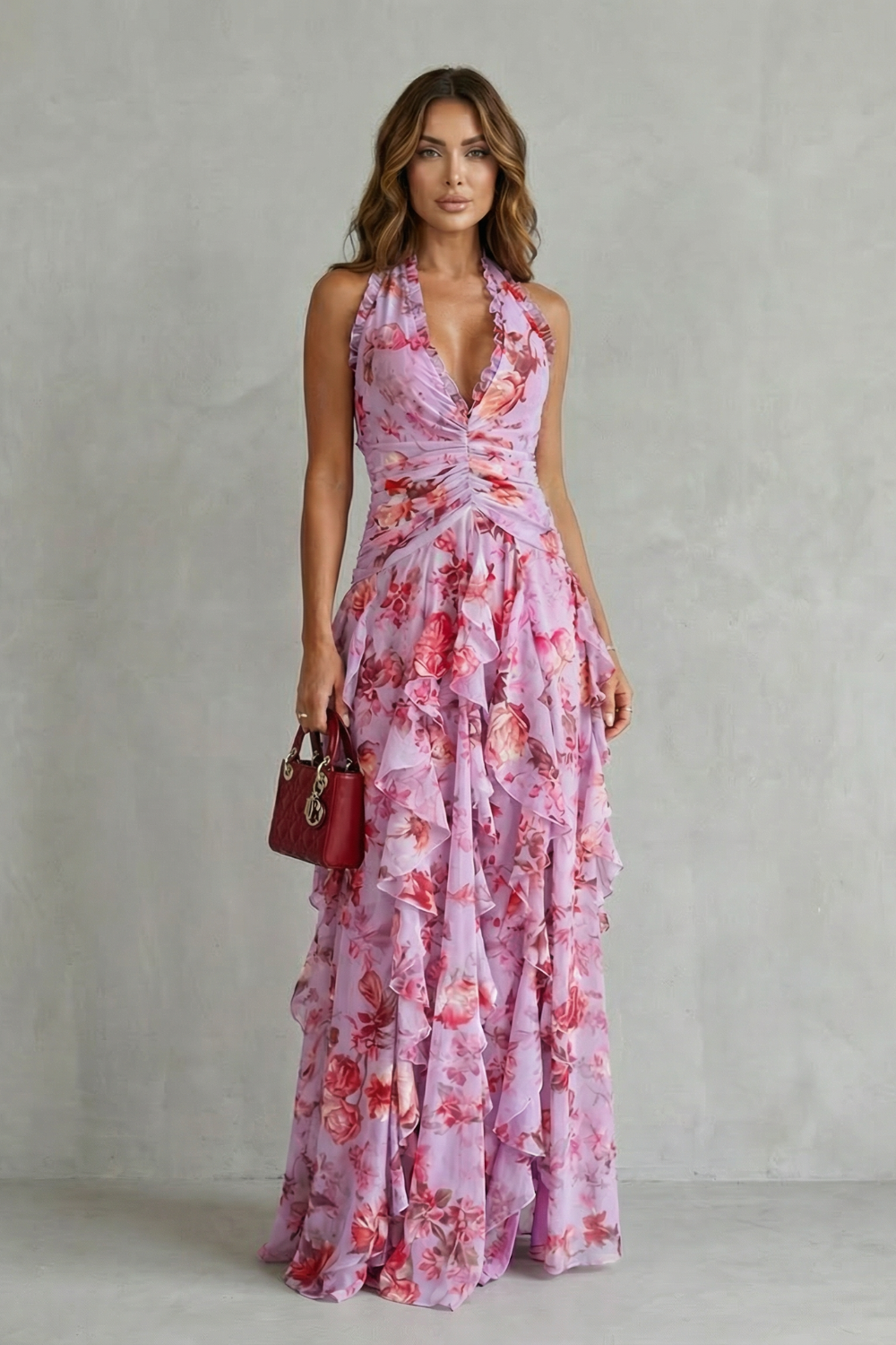Belladina | Rose Cascade Long Dress with American Neckline