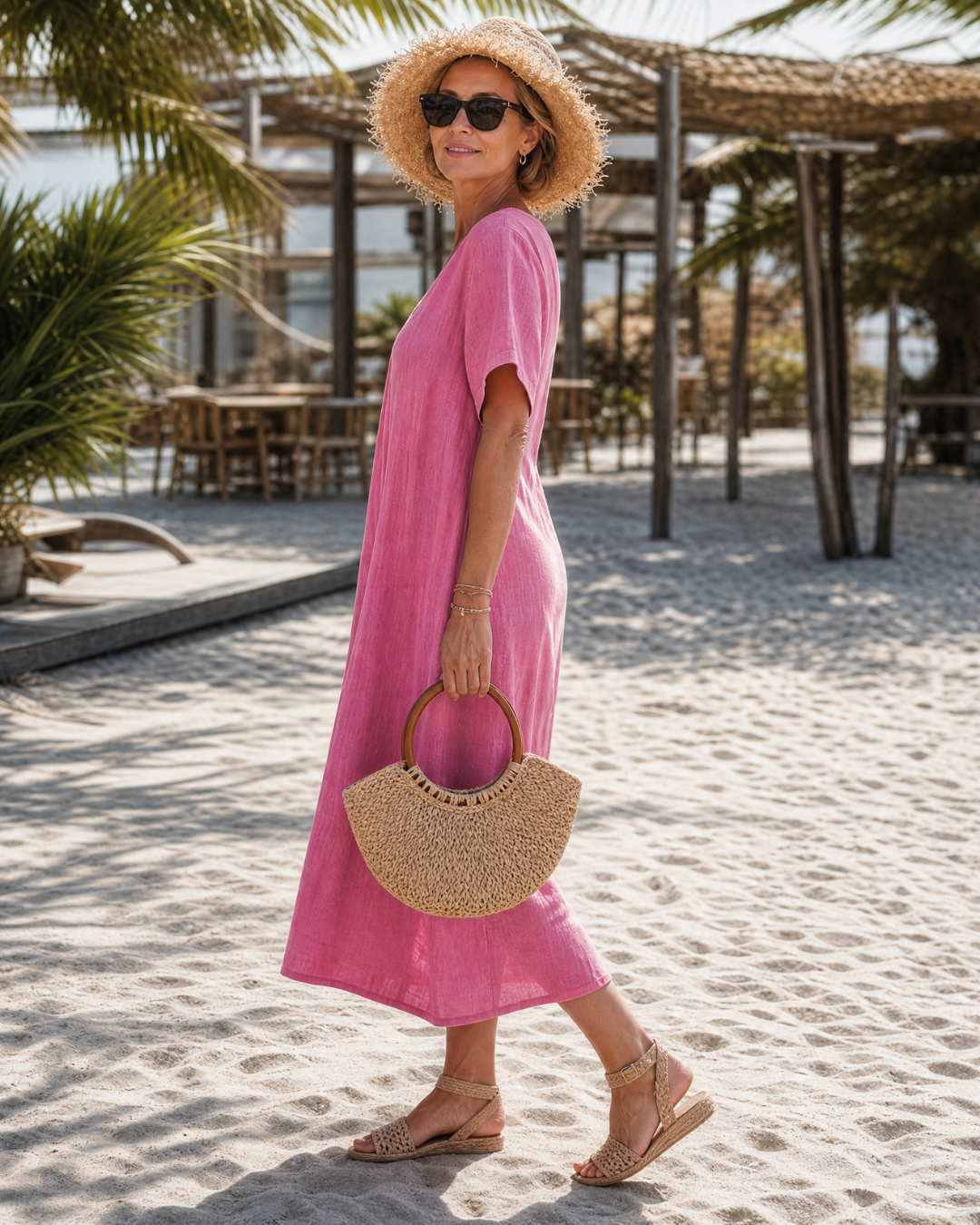 Thamal | Washed Cotton Blend V Neck Relaxed Midi Dress