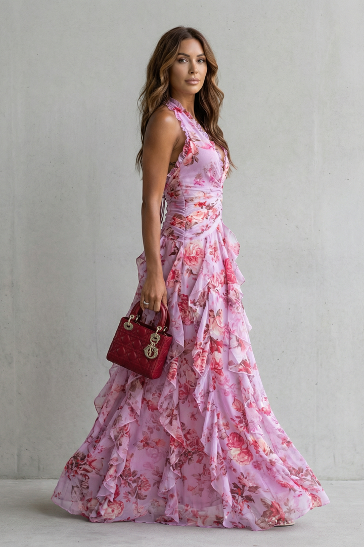 Belladina | Rose Cascade Long Dress with American Neckline