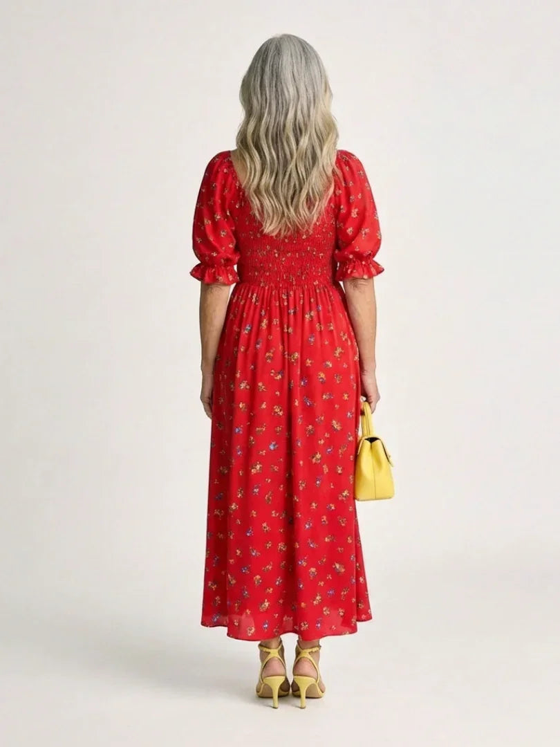 Delphine | Square Neck Floral Puff Sleeve Midi Dress