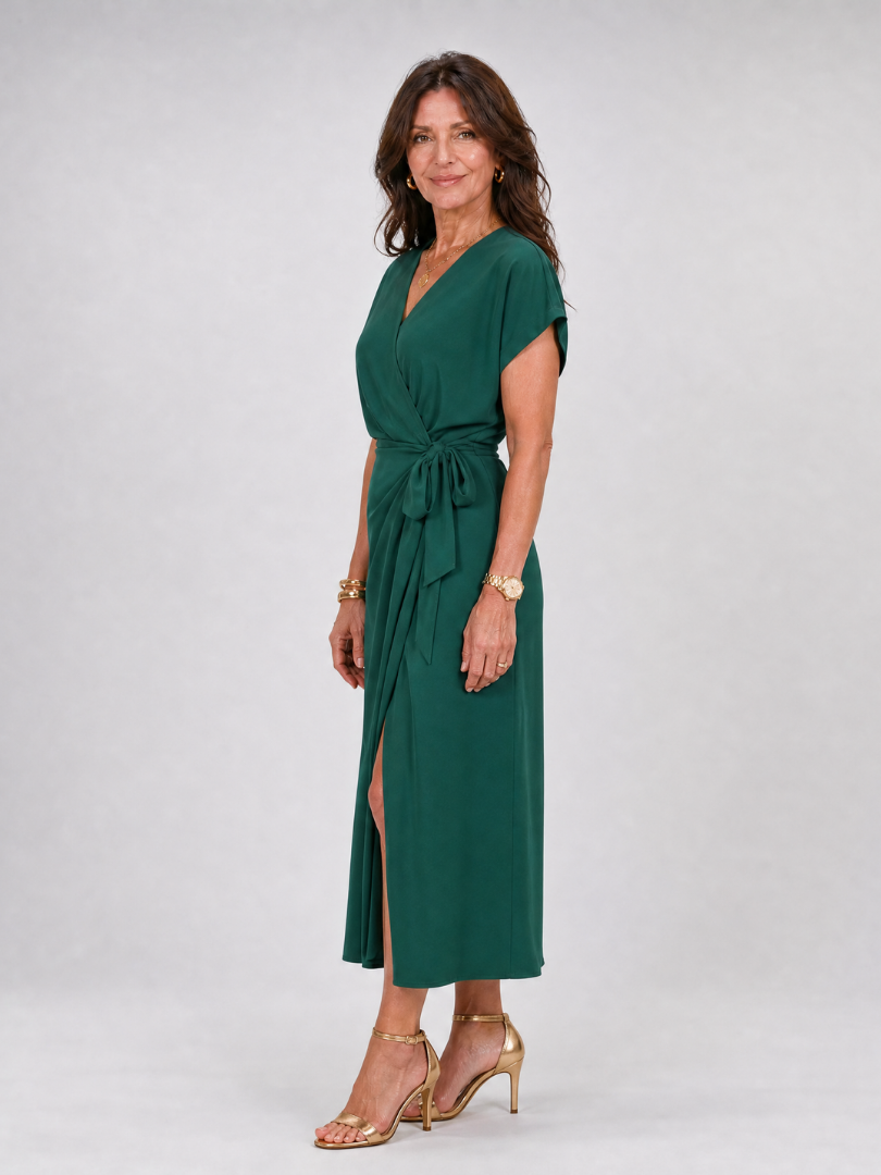 Oklea | Short Sleeve Wrap Tie Midi Dress