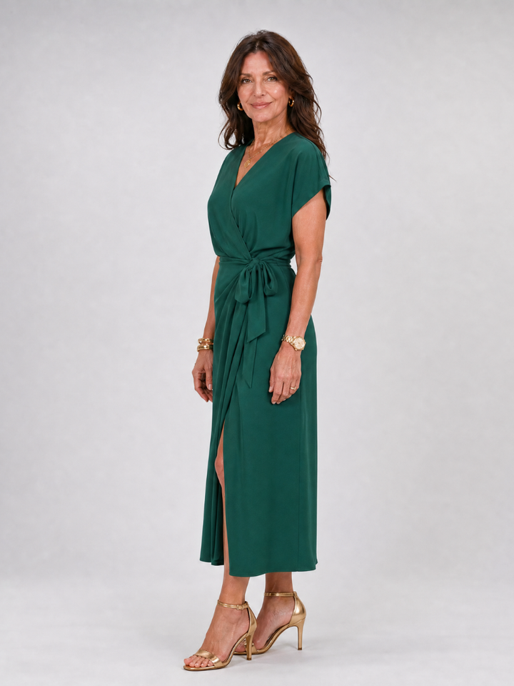 Oklea | Short Sleeve Wrap Tie Midi Dress