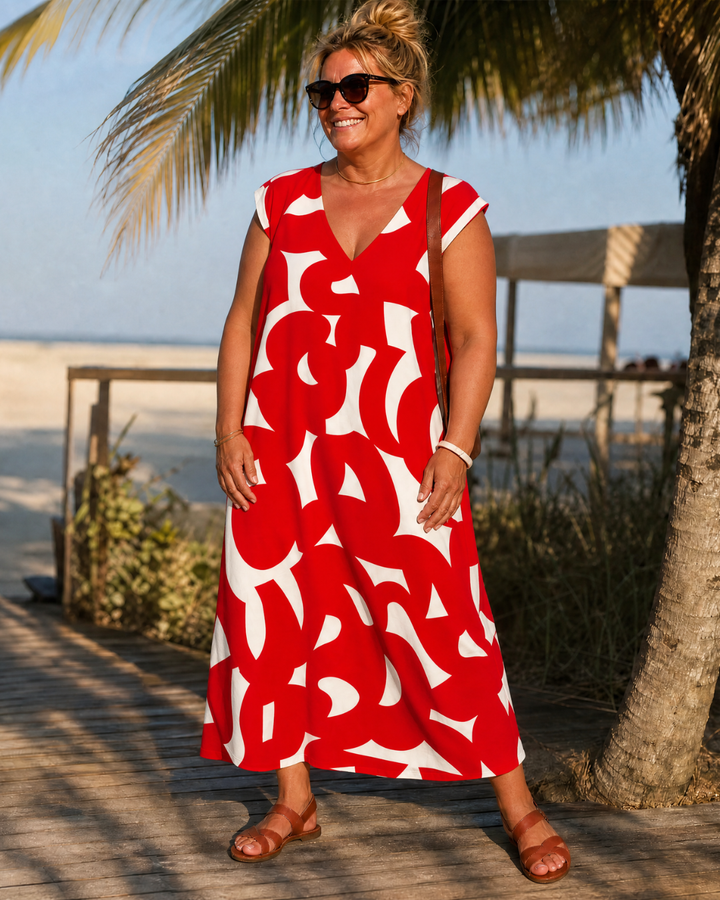 Verain | Abstract Print V Neck Flowing Midi Dress