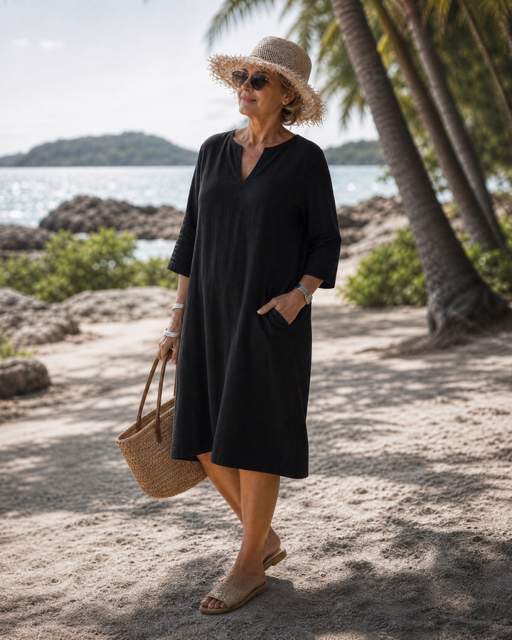 Elixir | Textured V Neck Three Quarter Sleeve Knee Length Dress