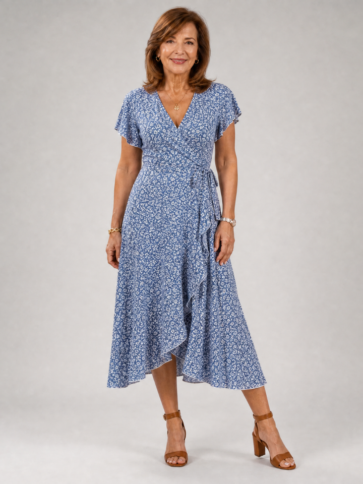 Samore | Floral Wrap Ruffle Midi Dress