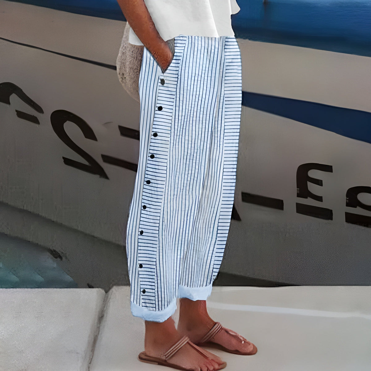 Philippa | Pinstripe Button Panel Trousers