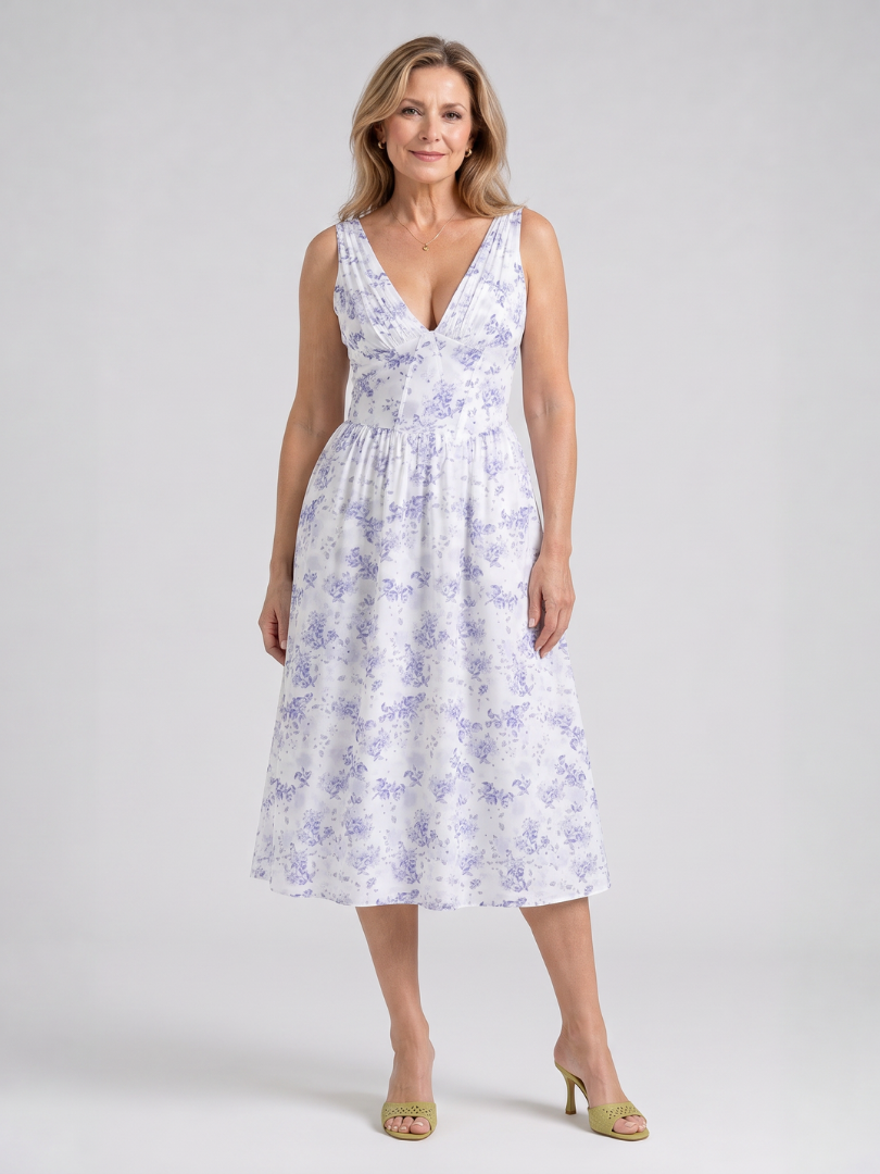 Elique | Sleeveless Floral V Neck Midi Dress
