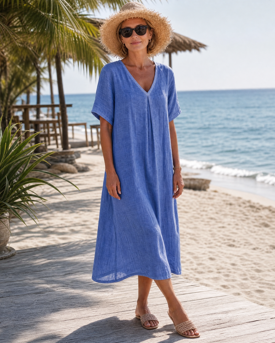 Thamal | Washed Cotton Blend V Neck Relaxed Midi Dress