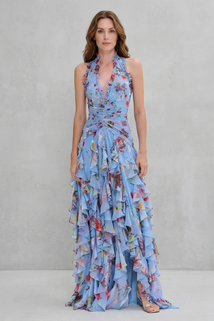 Belladina | Rose Cascade Long Dress with American Neckline