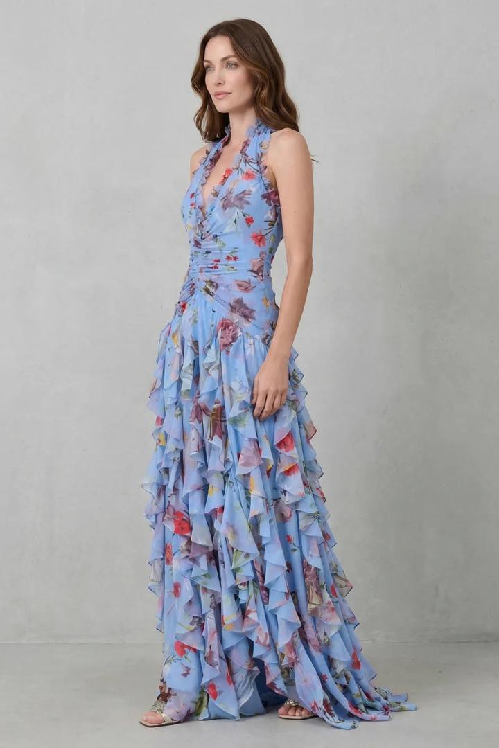 Belladina | Rose Cascade Long Dress with American Neckline