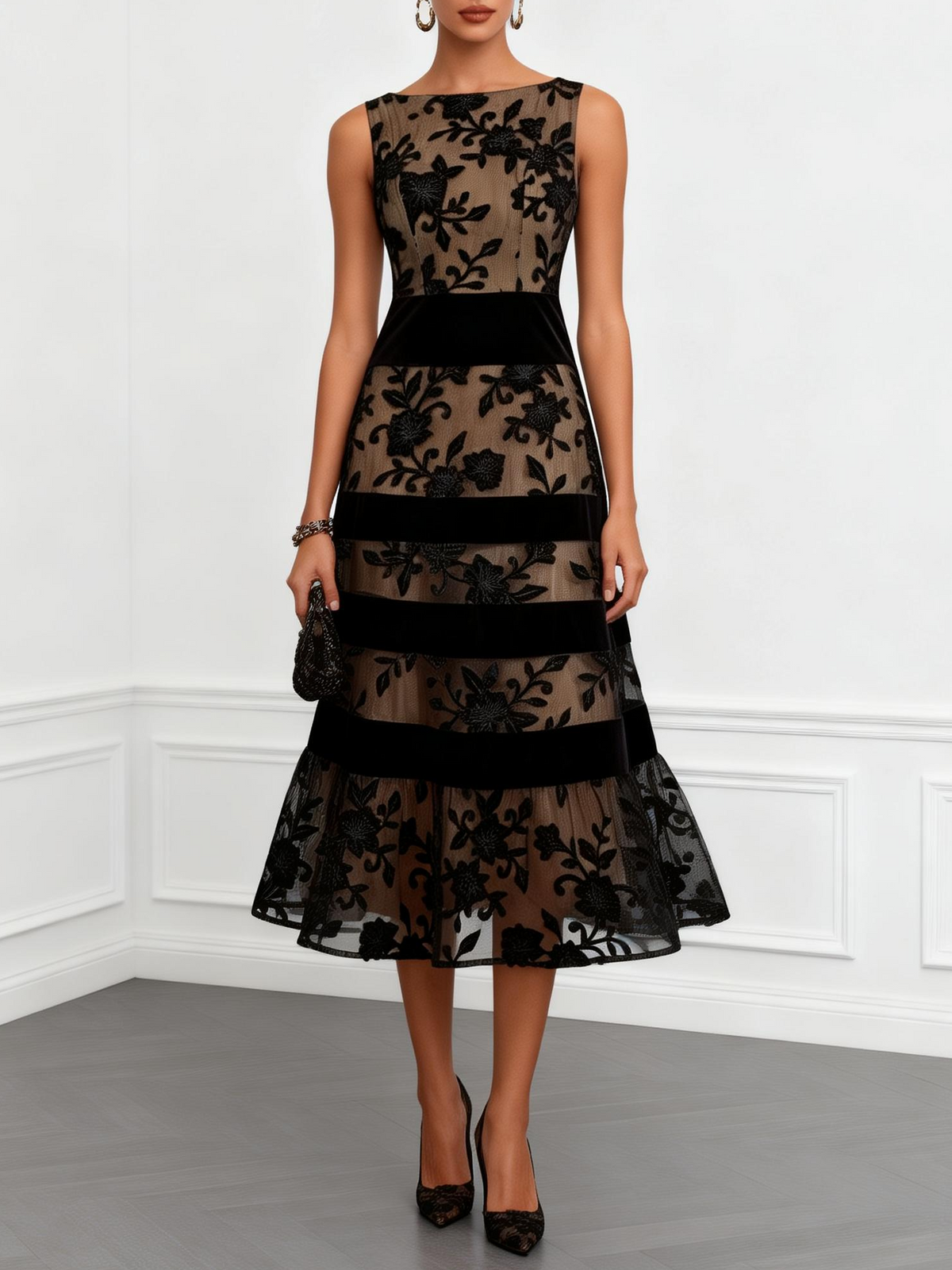 Sadie | Mesh Floral A-Line Midi Dress