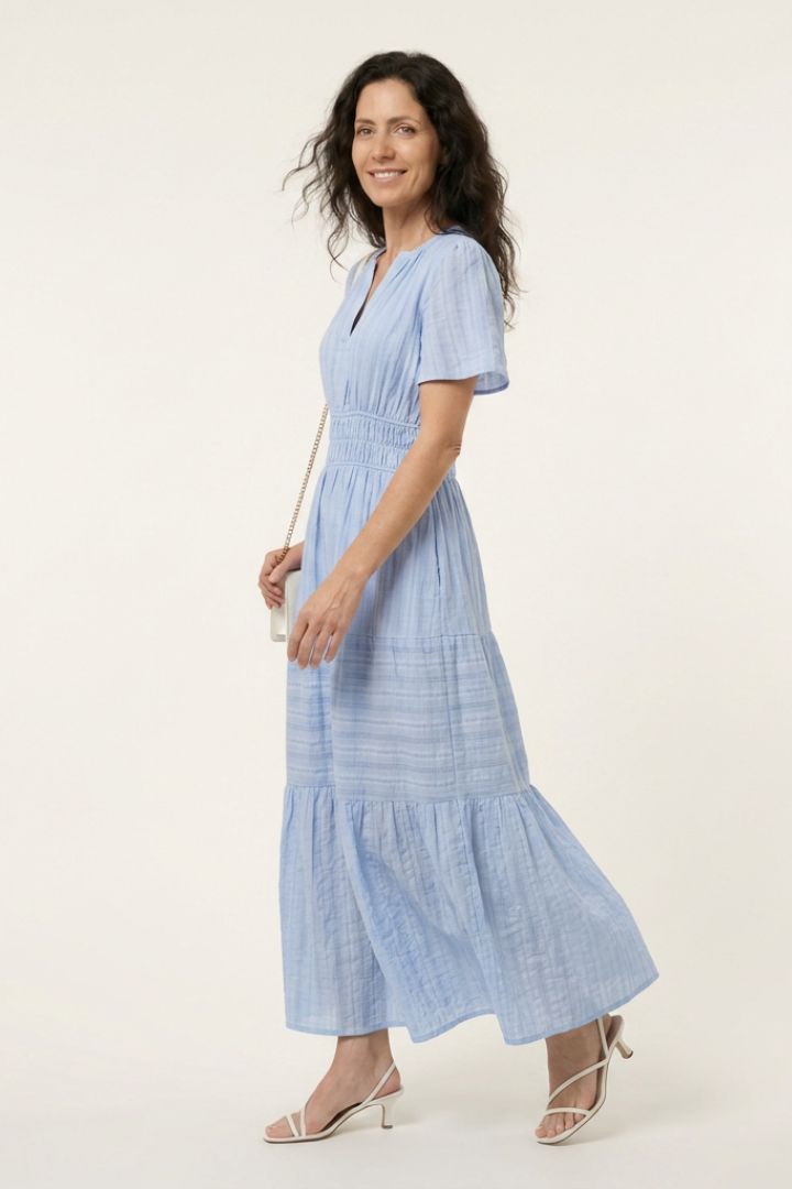 Brielle | V Neck Short Sleeve Tiered Midi Dress