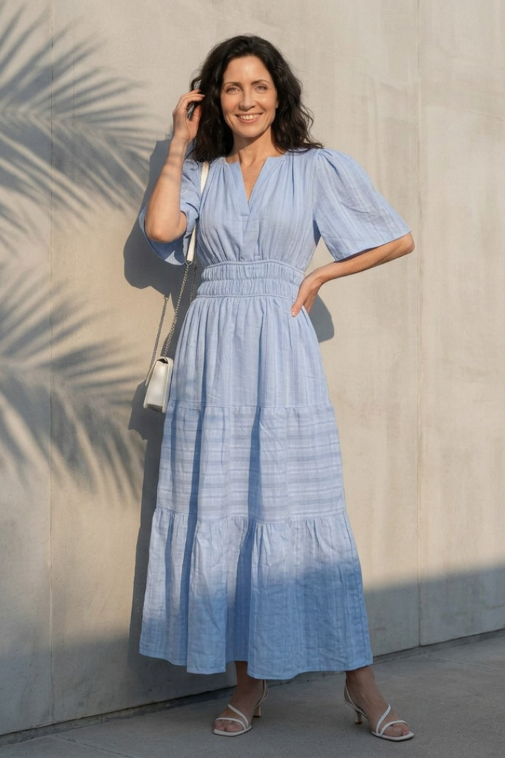 Brielle | V Neck Short Sleeve Tiered Midi Dress