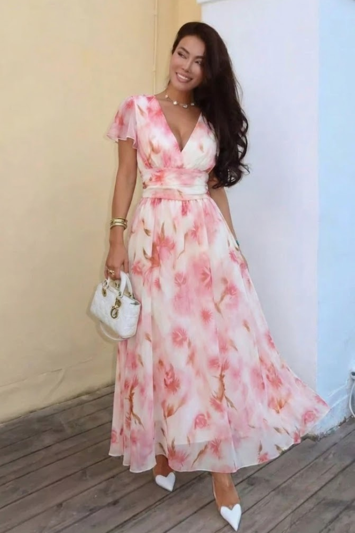 Elara | V Neck Short Sleeve Floral Maxi Dress