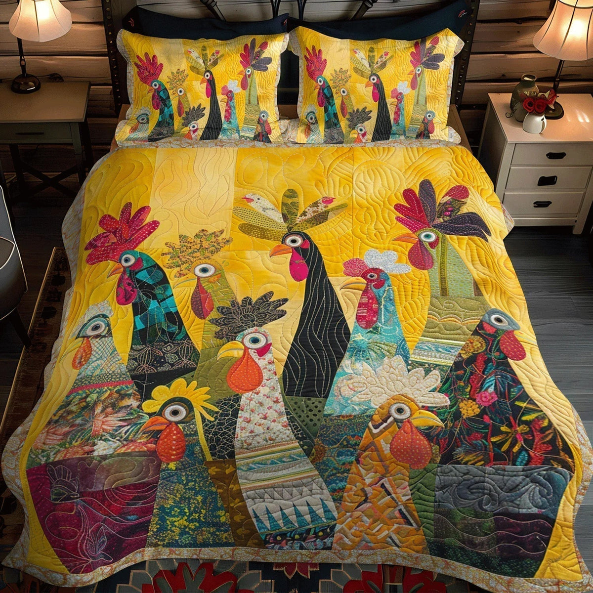 Morning Roosters | 3-Piece Quilted Bedding Set