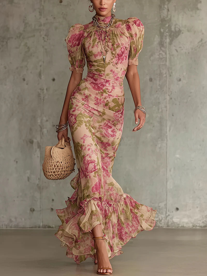 Quinn | Puff Sleeve Rose Print Maxi Dress
