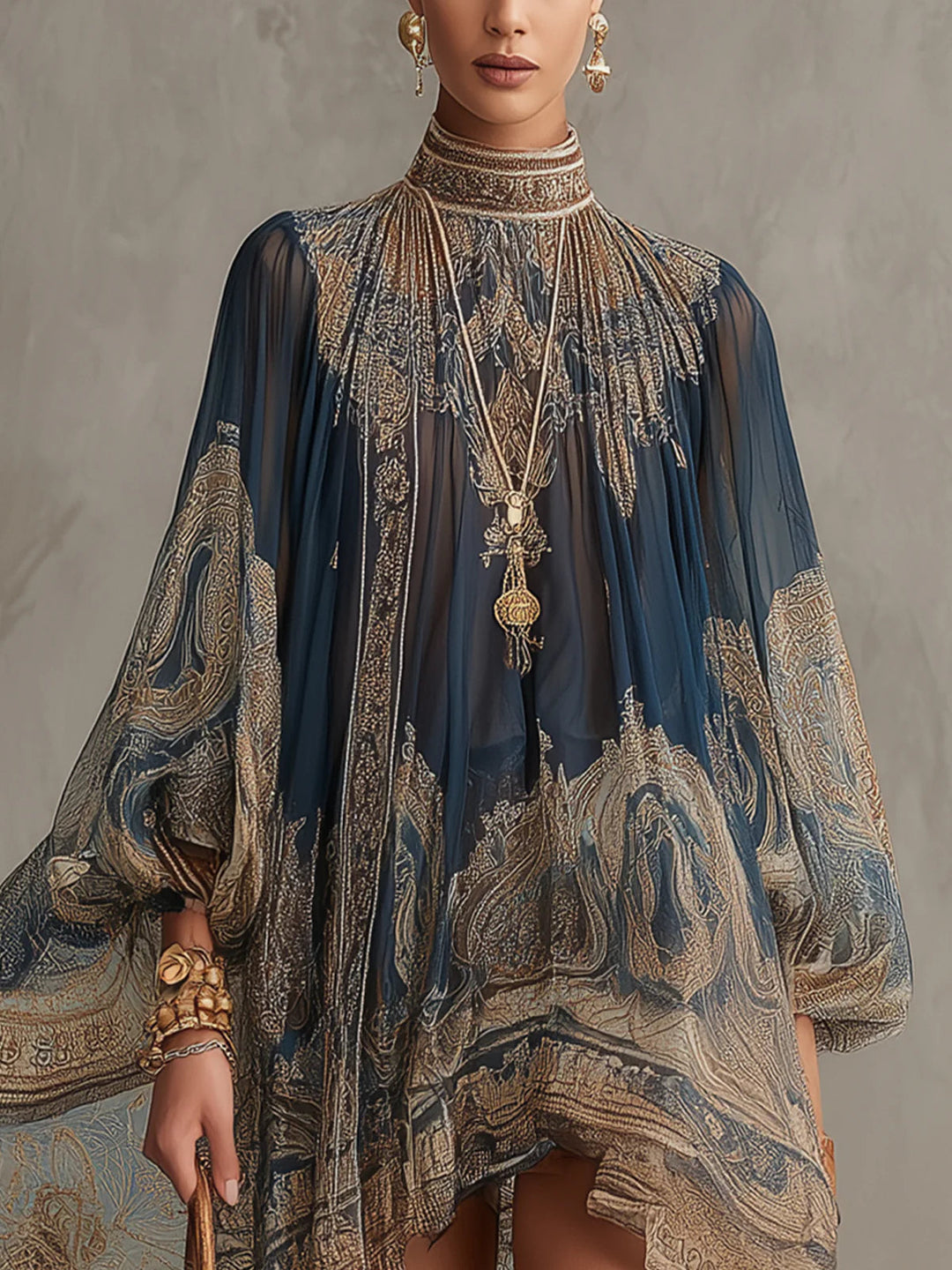 Navy Blue Baroque Print High-neck Irregular Chiffon Mini Dress