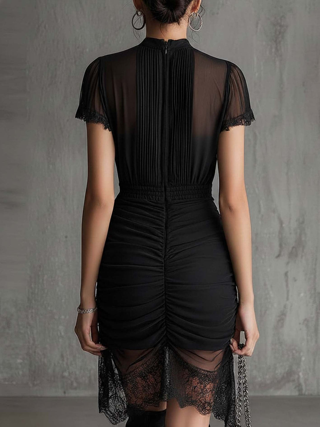 Black Chiffon Pleated Waist Lace-trimmed Mini Dress