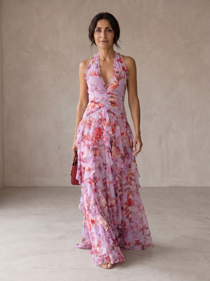 Belladina | Rose Cascade Long Dress with American Neckline