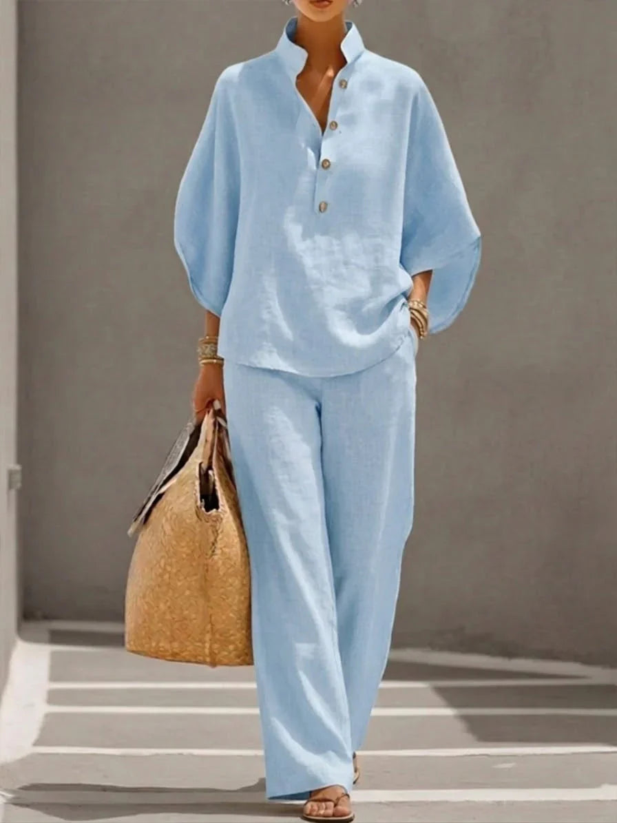 Maribel™ | Linen Set with Batwing Sleeves and Wide-Leg Pants