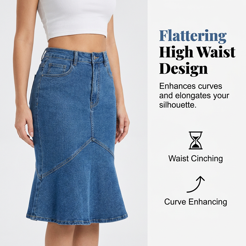 Ivessia | High-Waist Mermaid Denim Midi Skirt