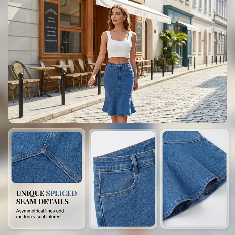 Ivessia | High-Waist Mermaid Denim Midi Skirt
