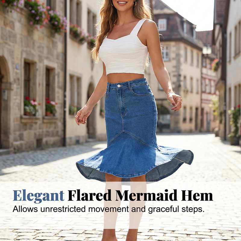 Ivessia - Jupe midi denim femme taille haute coupe sirène